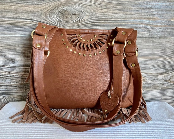 Vintage ALDO Brown Leather Fringe Shoulder Boho Bag Ship Free