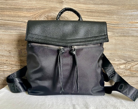 Botkier Black Nylon & Leather Top-Flap Mini Backpack Botkier Black Faux Leather Trim Flap Mini Backpack Shoulder  main image 2