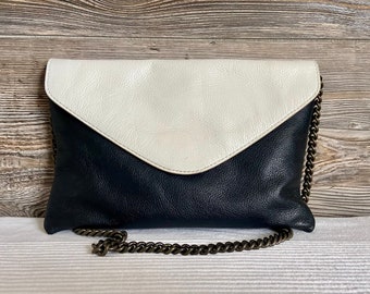 Vintage J Crew Black Leather Flap Envelope Evening Bag with Chunky Chain Strap Ship Free