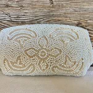 Bolso vintage de Debbie Mid-Century White Pearl Beaded Evening Clutch Bag Monedero Barco gratis