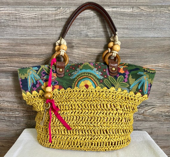 Vintage FOSSIL Straw Floral Tote Bag Ship Free