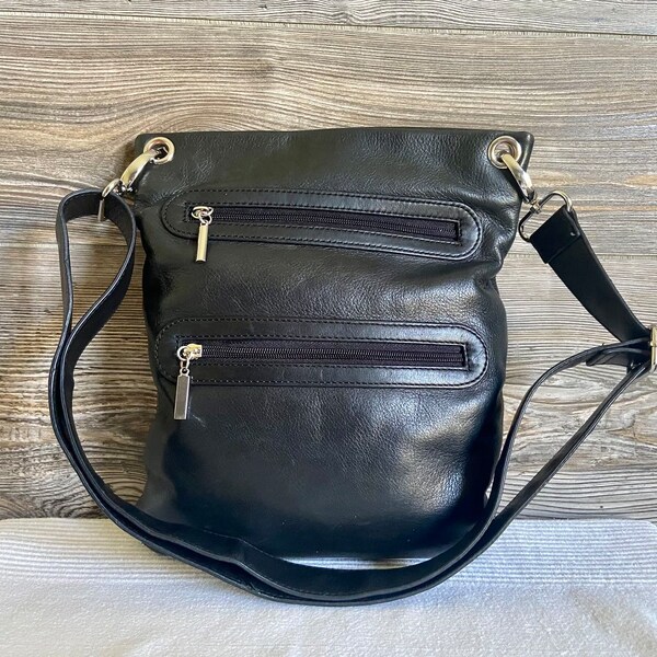 Vintage MARGOT Black Leather Shoulder Crossbody Bag Ship Free