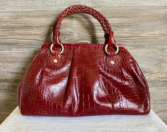 Vintage ELLIOTT LUCCA Red Croco Embossed Leather Satchel Handbag Purse