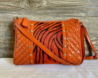 Vintage Sharif 1827 Orange Patent Leather Woven Braided Cowhide Zebra Print Shoulder Bag Purse Ship Free