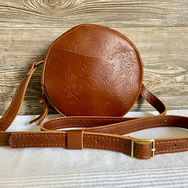Vintage Portland Leather Brown Leather Circle Crossbody Shoulder Bag Ship Free