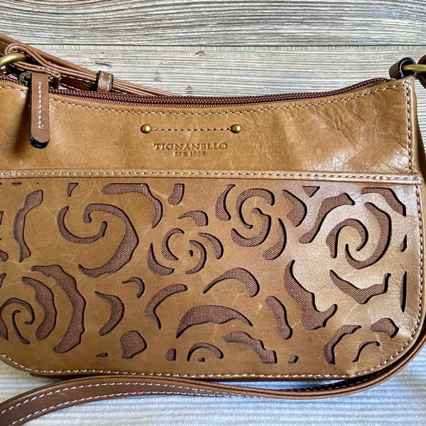 Vintage Tignanello Brown Leather Small Shoulder Organizer Bag Ship Free