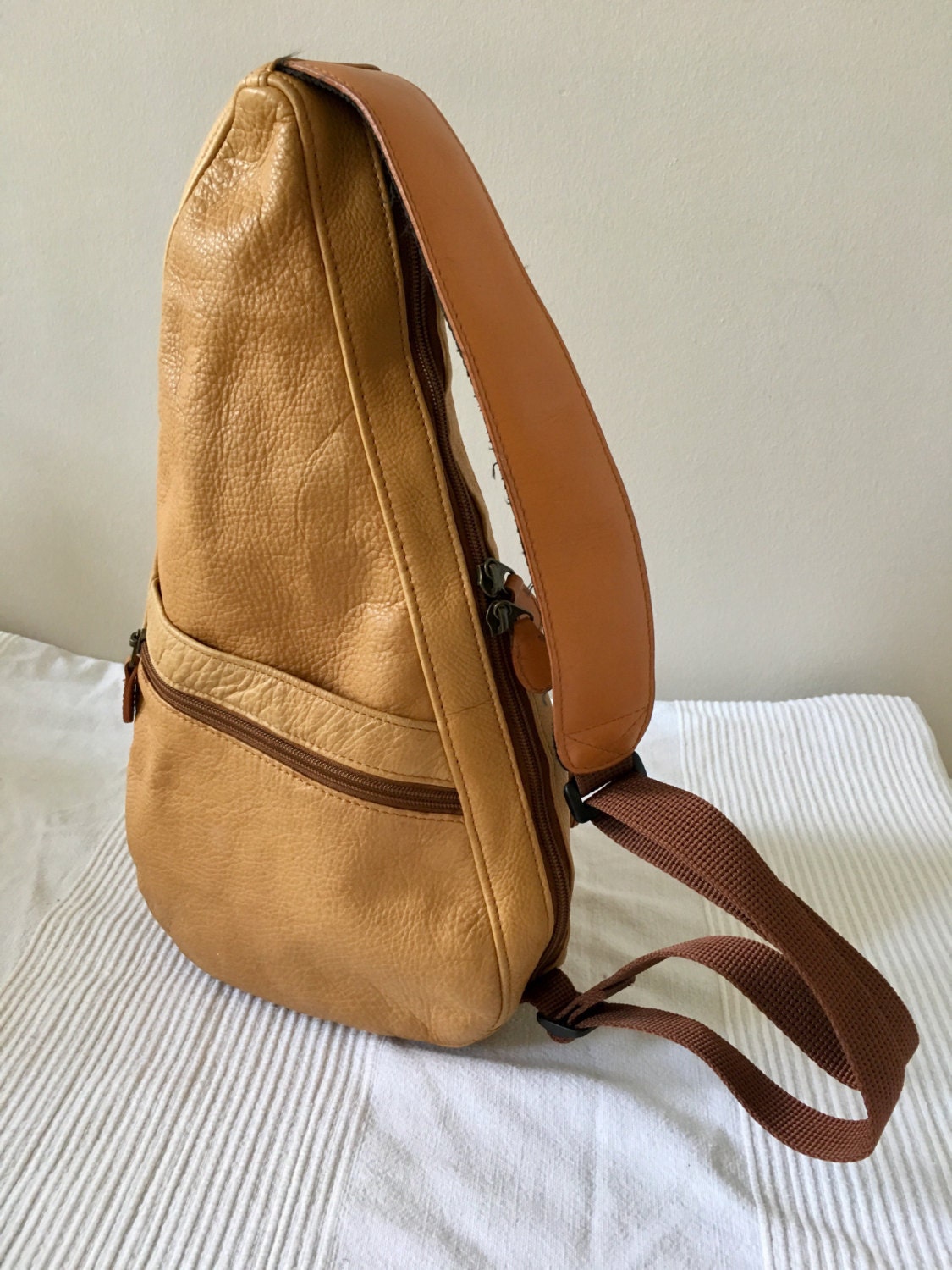 Vintage LL Bean Brown Camel Leather Sling Backpack Daypack 