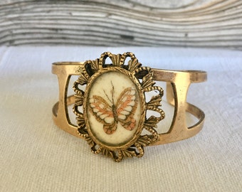 Vintage Signed Geri Gold Tone Cuff Bracelet with Butterfly Motif