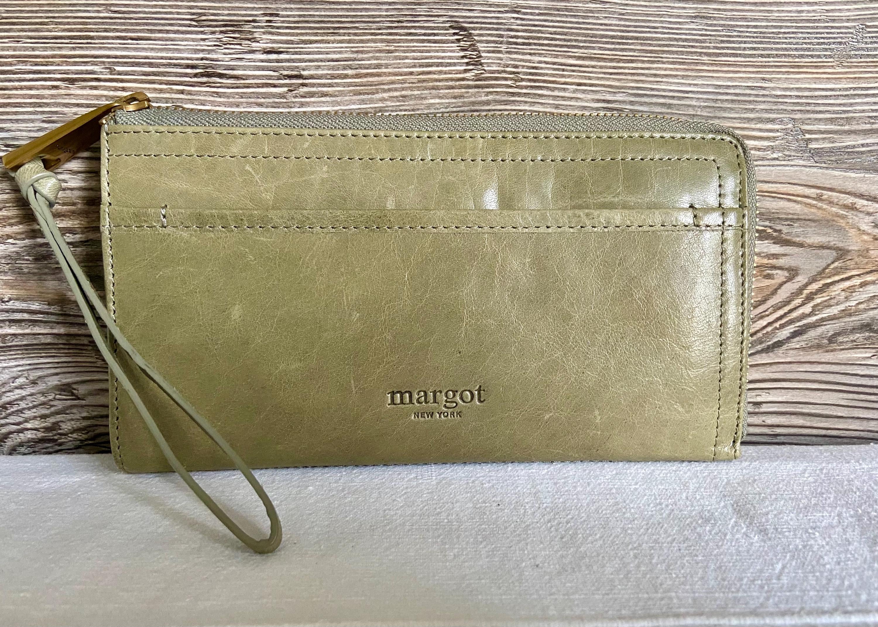 Vintage MARGOT Olive Green Leather Wallet Wristlet Coin