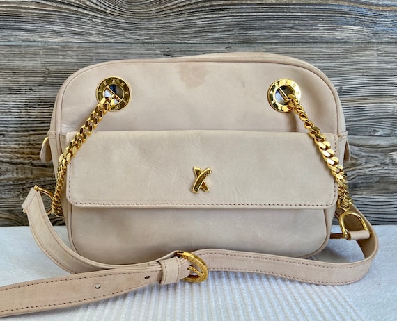 Vintage Paloma Picasso Beige Leather Shoulder Bag Purse Made in