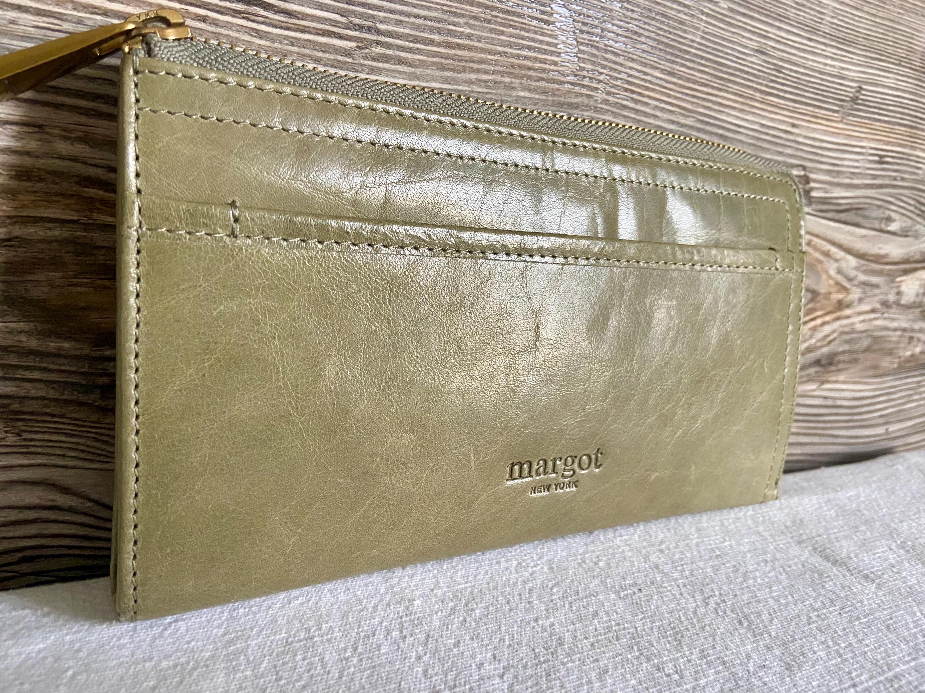 Vintage MARGOT Olive Green Leather Wallet Wristlet Coin