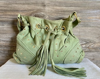 Vintage BULGA Green Leather Shoulder Bag Ship Free