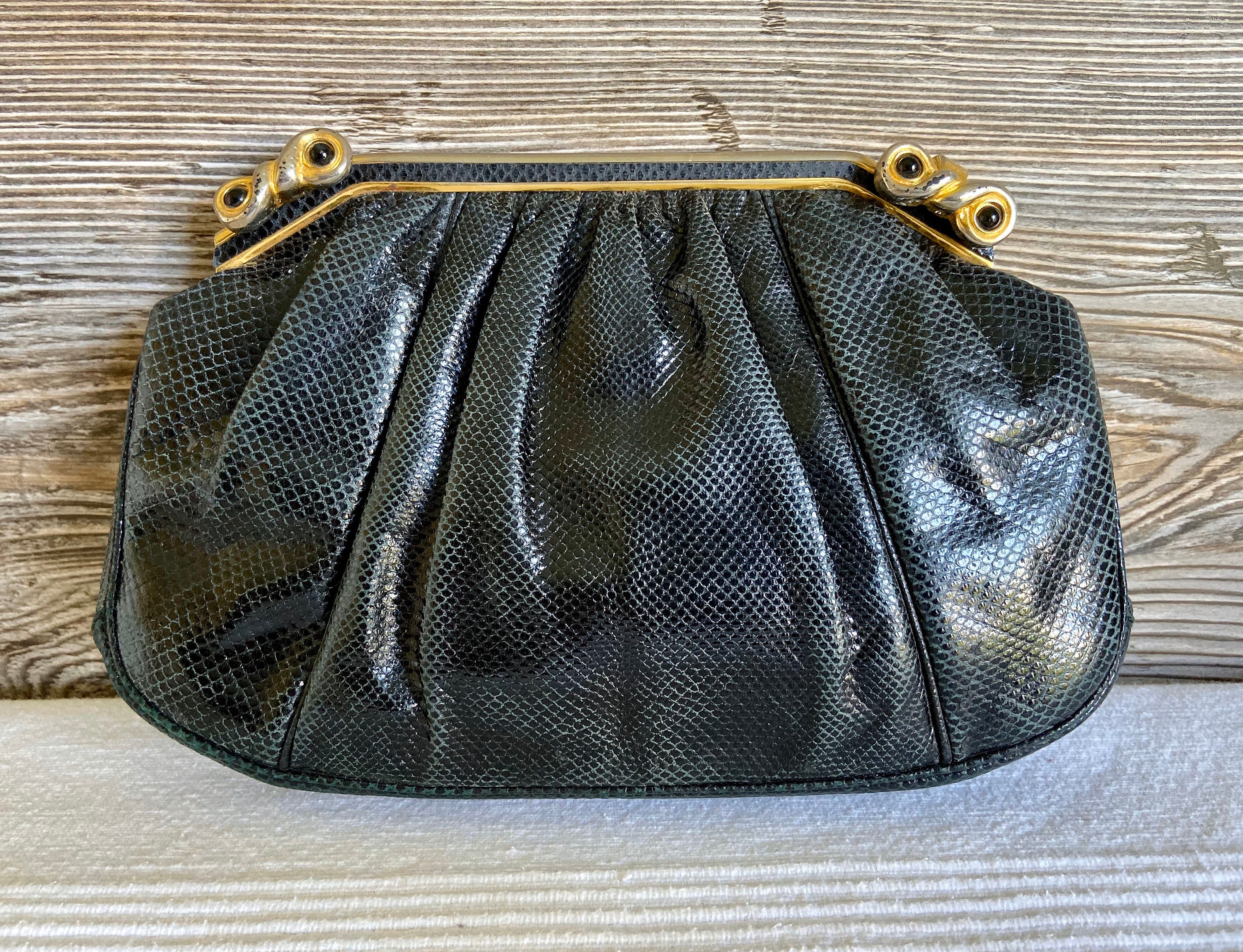 Vintage JUDITH LEIBER Black Snakeskin Leather Clutch Elegant