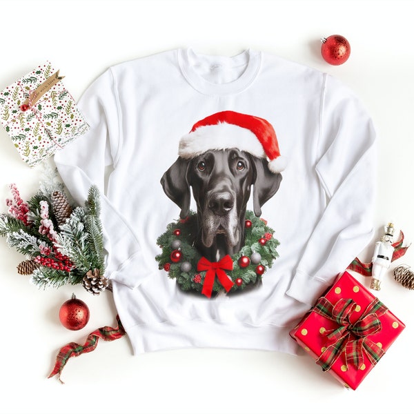 Great Dane Christmas Sweatshirt, Dog Mom, Graphic Dog Apparel,heavyblend crewneck long sleeve, Dog Lover, Great Dane Mom Dog in Santa Hat
