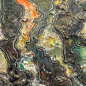 May include: An abstract painting featuring thick, textured impasto layers in shades of black, olive green, and bright orange. Wavy, raised black and white lines traverse the canvas, creating a topographical effect with deep, layered paint.