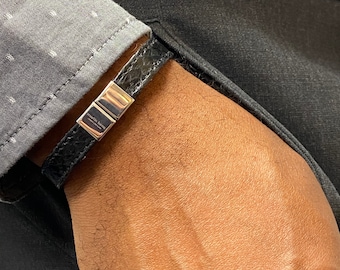 Men's & Women's Unisex Atlantic Salmon Leather Strap Bracelet Black, Stainless Steel Clasp, Eco-friendly Fish Skin, Sustainable