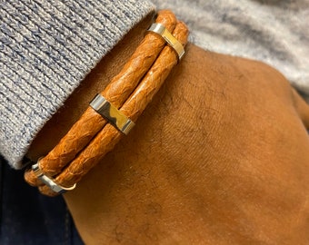 Genuine Atlantic salmon leather men's bracelet, natural cognac cords, stainless steel clasp and links, eco-friendly fish skin sustainable