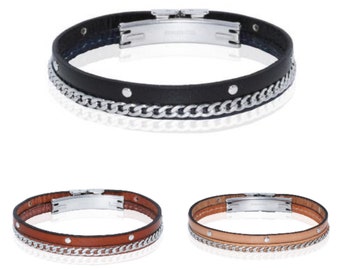 Men's leather bracelet black, tan or cognac with a stainless steel clasp, studs and chain, layered look