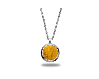 Genuine Atlantic salmon leather yellow necklace pendant, Stainless steel silver tone, ECO-friendly fish skin, Adjustable length, Sustainable