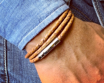 Mens braided leather wrap light brown cognac  3mm cord bracelet with high quality stainless steel clasp.