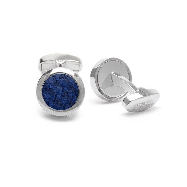 Genuine Atlantic salmon leather dark blue cufflinks, Stainless steel silver tone, Eco-friendly fish skin, Sustainable