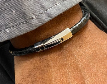 Men's Atlantic Salmon Leather Cord Bracelet Black, Stainless Steel Hexagon Clasp, Eco-friendly Fish Skin, Sustainable