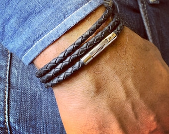 Mens braided leather wrap black 3mm cord bracelet with high quality stainless steel clasp.