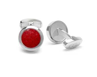 Genuine Atlantic salmon leather red cufflinks, Stainless steel silver tone, Eco-friendly fish skin, Sustainable