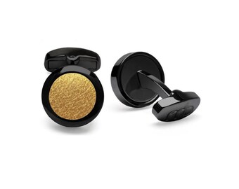 VEGAN Cufflinks Black and Gold - Piñatex Pineapple Leaf Fibres - stainless steel, gift wrapped, eco-friendly, plant based, sustainable