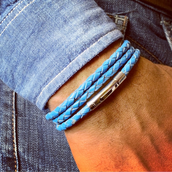 Mens braided leather wrap light blue 3mm cord bracelet with high quality stainless steel clasp.