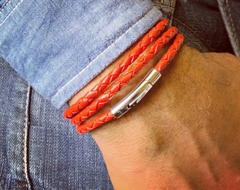 Mens braided leather wrap red 3mm cord bracelet with high quality stainless steel clasp.