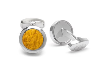 Genuine Atlantic salmon leather yellow cufflinks, Stainless steel silver tone, Eco-friendly fish skin, Sustainable