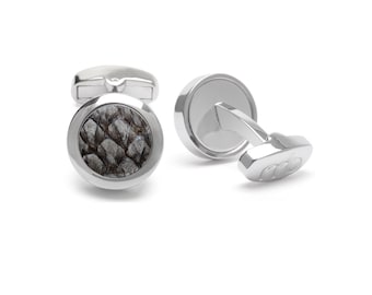 Genuine Atlantic salmon leather grey cufflinks, Stainless steel silver tone, Eco-friendly fish skin, Sustainable