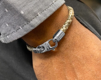 Men's & Women's Unisex Python Snake Leather Cord Bracelet Grey, Silver Tone Stainless Steel Clasp