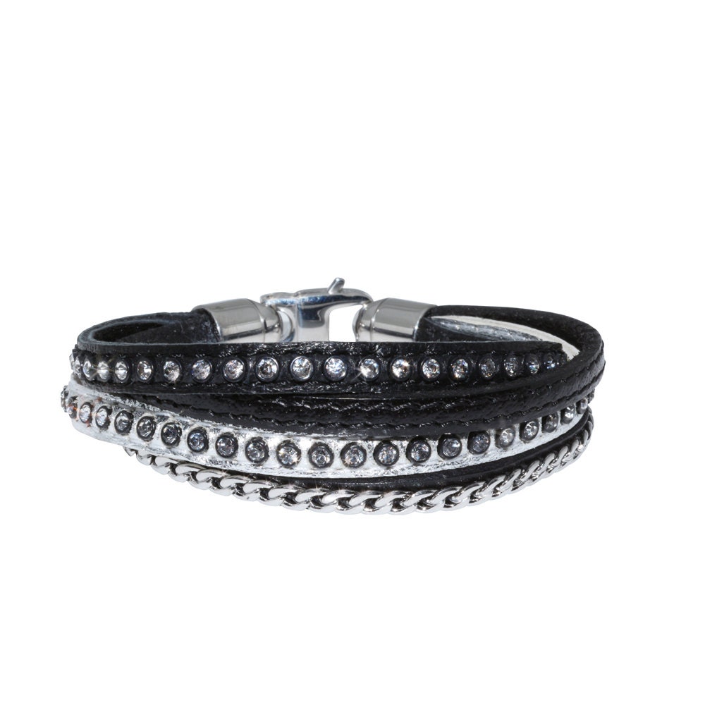 Women Leather Bracelet Cuff, Black and Silver Leather With
