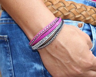 Women leather bracelet cuff, pink and silver leather with zirconia stones, studs and chain, stainless steel, wrap  layered look.