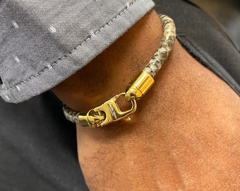 Men's & Women's Unisex Python Snake Leather Cord Bracelet Grey, Gold Plated Stainless Steel Clasp