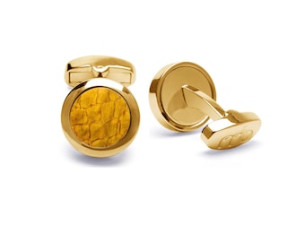 Genuine Atlantic salmon leather mustard yellow cufflinks, Stainless steel gold tone, Eco-friendly fish skin, Sustainable