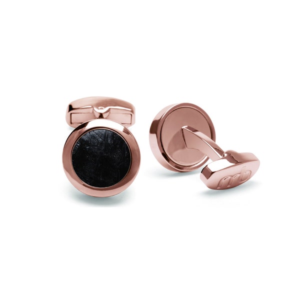 Genuine Atlantic salmon leather black cufflinks, Stainless steel rose-gold tone, Eco-friendly fish skin, Sustainable