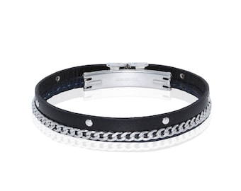 Men's leather bracelet black, tan or cognac with a stainless steel clasp, studs and chain, layered look