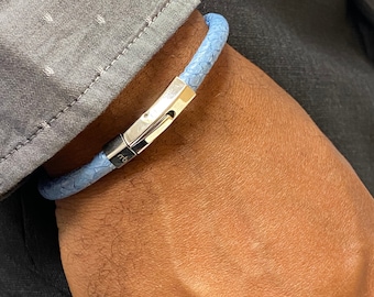 Men's Atlantic Salmon Leather Cord Bracelet Light Blue, Stainless Steel Hexagon Clasp, Eco-friendly Fish Skin, Sustainable