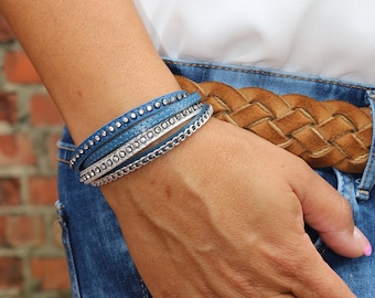 Women leather bracelet cuff, blue and silver leather with zirconia stones, studs and chain, stainless steel, wrap  layered look.