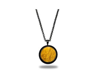 Genuine Atlantic salmon leather mustard yellow necklace, stainless steel black tone, Eco-friendly fish skin, adjustable length, sustainable