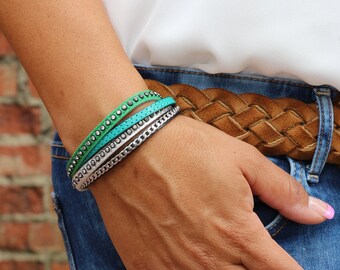 Women leather bracelet cuff, green and silver leather with zirconia stones, studs and chain, stainless steel, wrap  layered look.