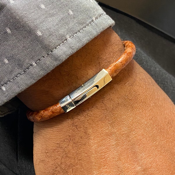 Herren Atlantischen Lachs Leder Schnur Armband Cognac braun, Edelstahl Sechskant Verschluss, umweltfreundliche Fischhaut, nachhaltig