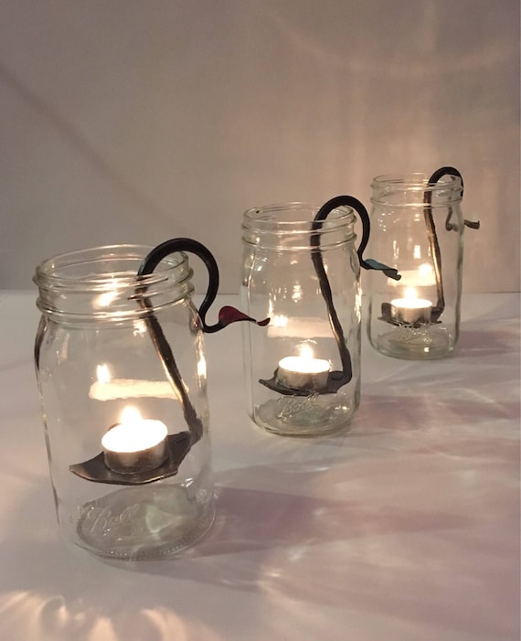 Mason Jar Candles-set of 3, Hand Forged Candle Holder, Centerpiece, Candle  Light. 