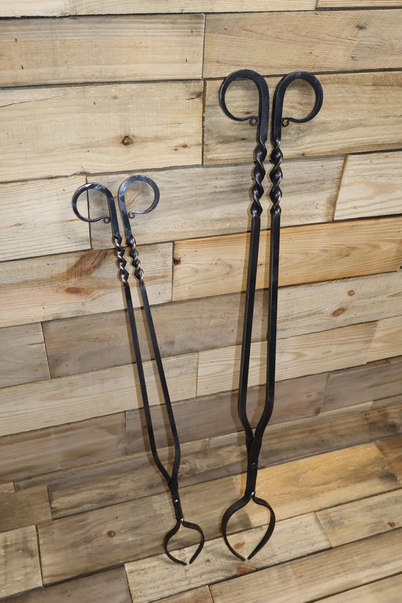 Hand Forged Log Tongs: Fire Pit Tool, Twisted Handle image 8