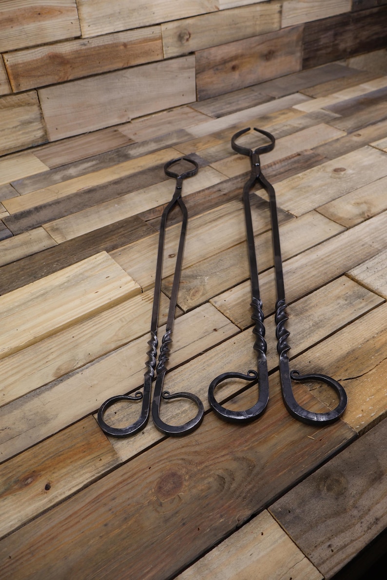 Hand Forged Log Tongs: Fire Pit Tool, Twisted Handle image 16