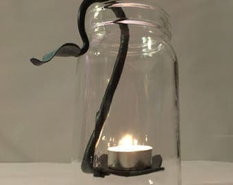 Mason jar candles-set of 3, hand forged candle holder, centerpiece, candle light.