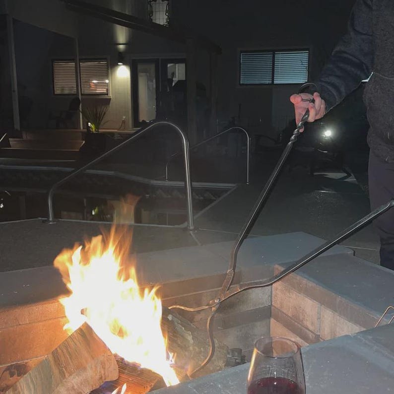 Hand Forged Log Tongs: Fire Pit Tool, Twisted Handle image 2